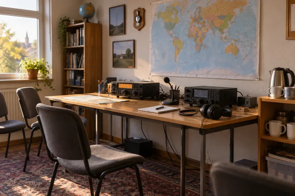 Sala klubu z dwoma radiotelefonami, mikrofonem i mapą świata na ścianie