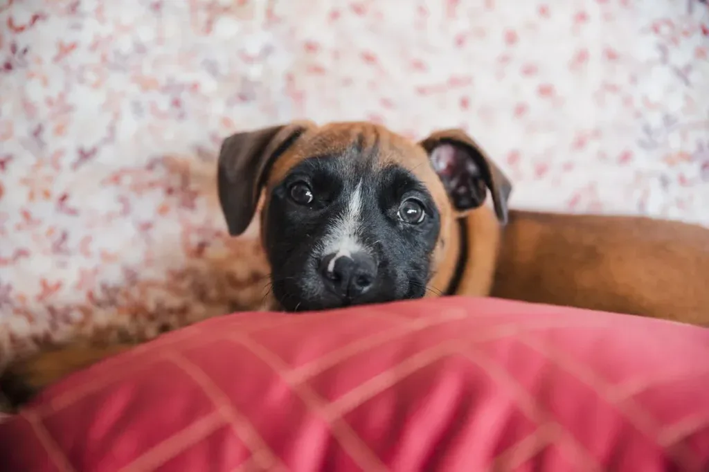 Pies ze schroniska odpoczywa na poduszce w domu, pierwsze dni po adopcji