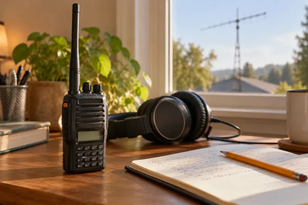 Ręczny radiotelefon, słuchawki i zeszyt na biurku przy oknie z anteną