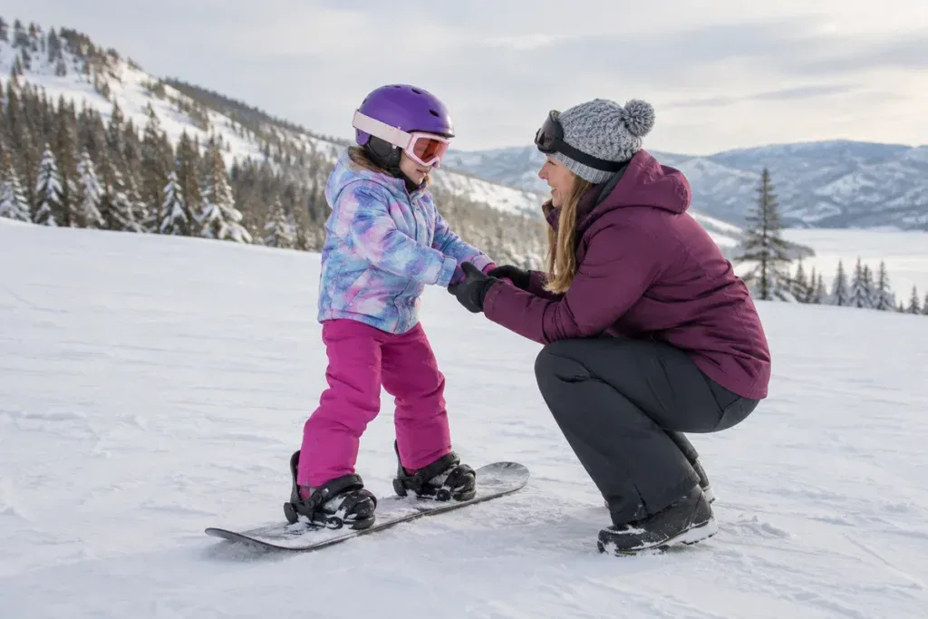 Dziecko w kasku stawia pierwsze kroki na snowboardzie, rodzic trzyma je za ręce