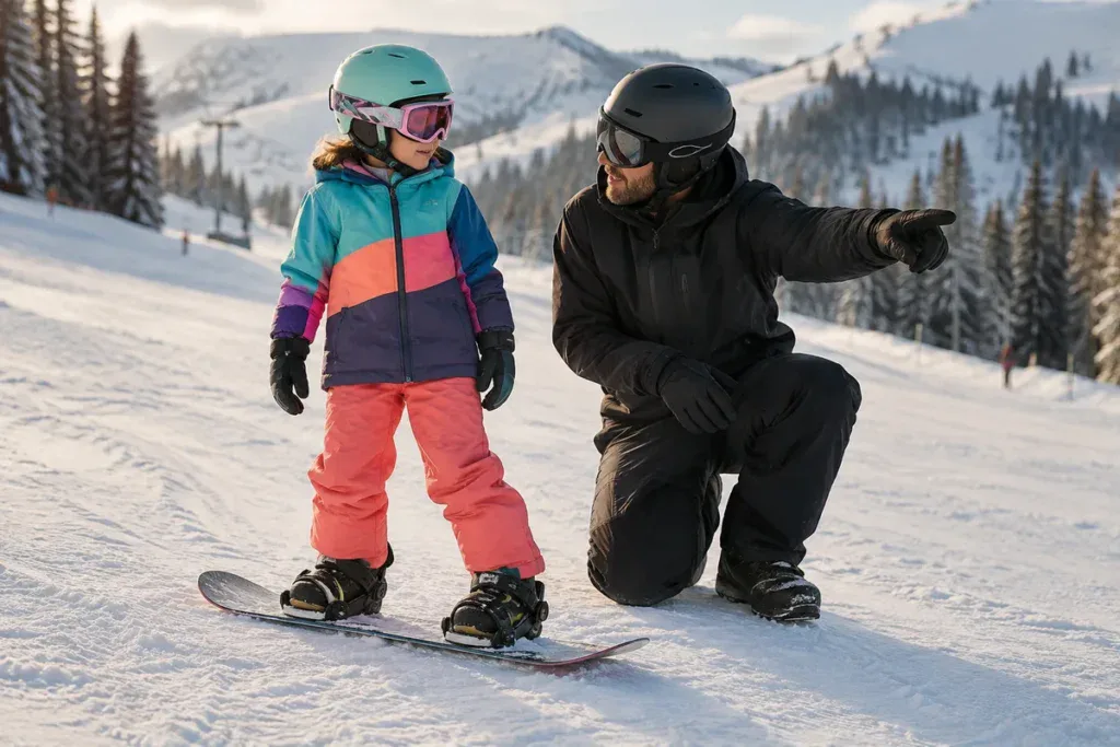 Instruktor snowboardu tłumaczy dziecku na desce zasady jazdy w szkółce